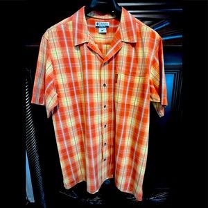Columbia camp shirt, excellent condition, bright orange plaid.